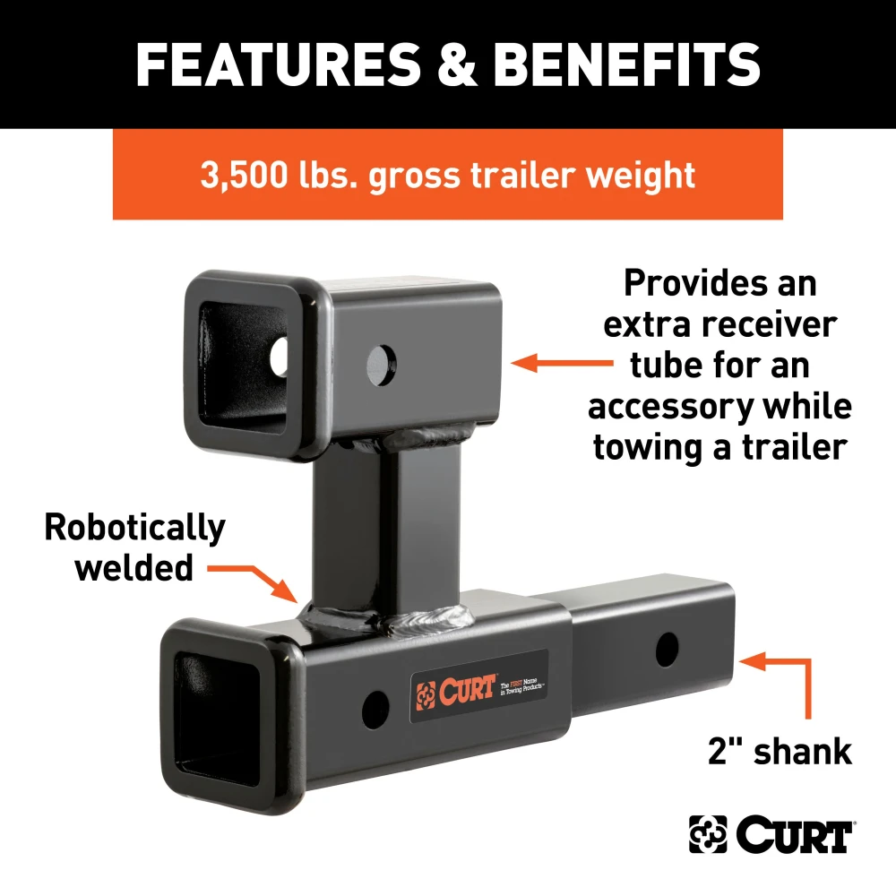 CURT dual hitch extender adds clearance and allows simultaneous towing and accessory mounting in a 2 inch receiver.