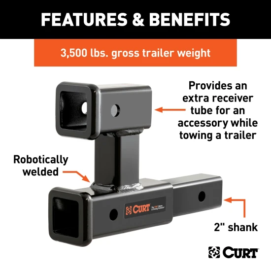 CURT dual hitch extender adds clearance and allows simultaneous towing and accessory mounting in a 2 inch receiver.