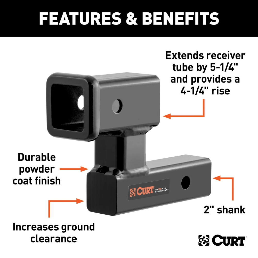 CURT hitch extender adding ground clearance to a 2 inch receiver tube for bike racks and cargo carriers