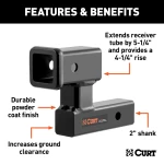 CURT hitch extender adding ground clearance to a 2 inch receiver tube for bike racks and cargo carriers