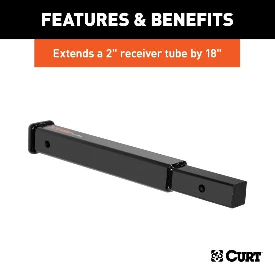 CURT hitch extender with gloss black finish for 2 inch receiver offering 18 inch extension