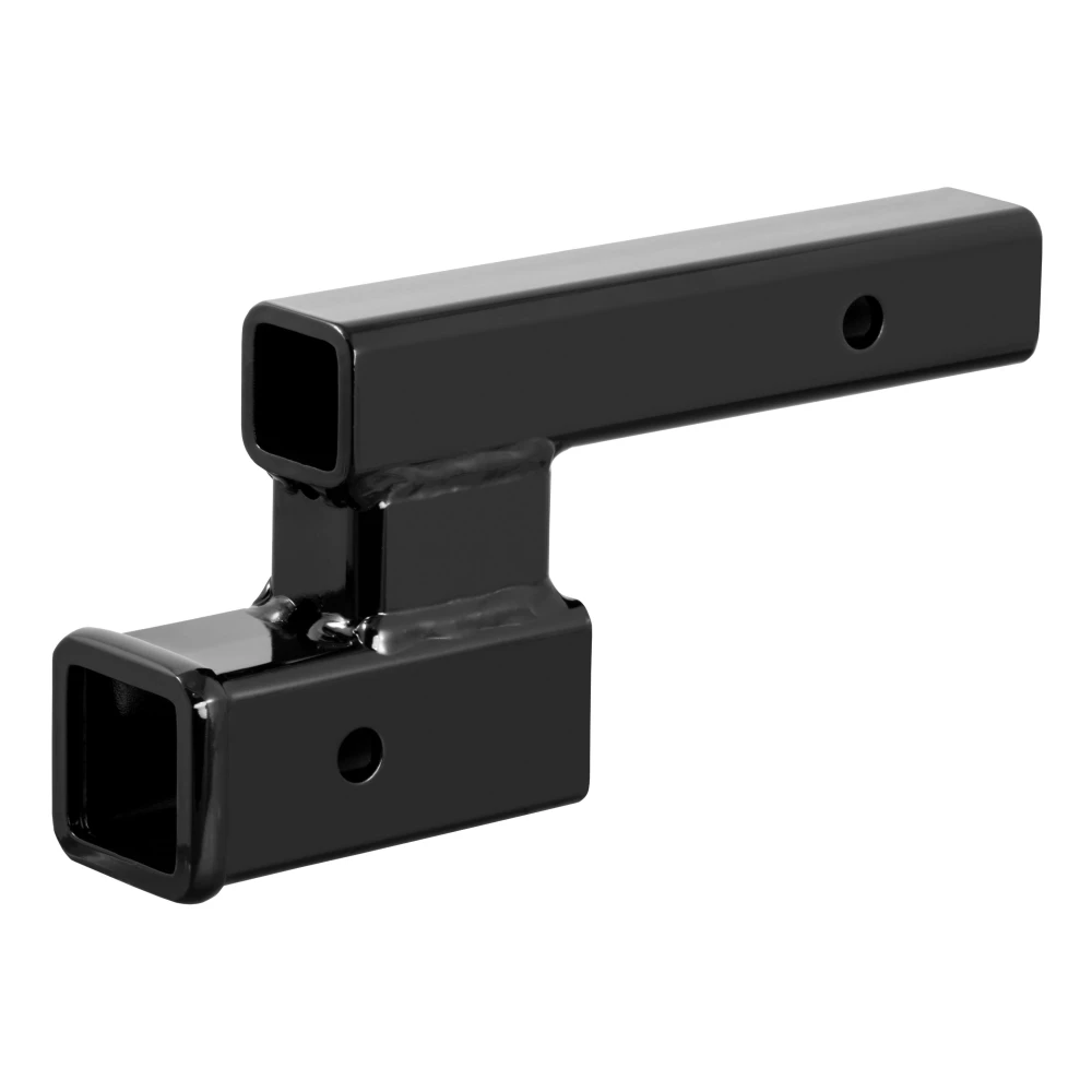 CURT hitch adapter for towing with 4-inch rise or drop, fits 2-inch receiver, black finish.