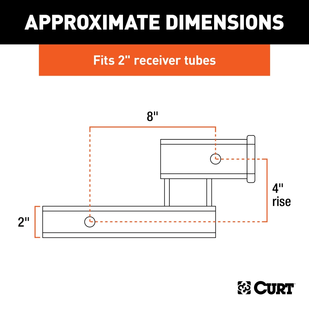 CURT hitch adapter for towing with 4-inch rise or drop, fits 2-inch receiver, black finish.