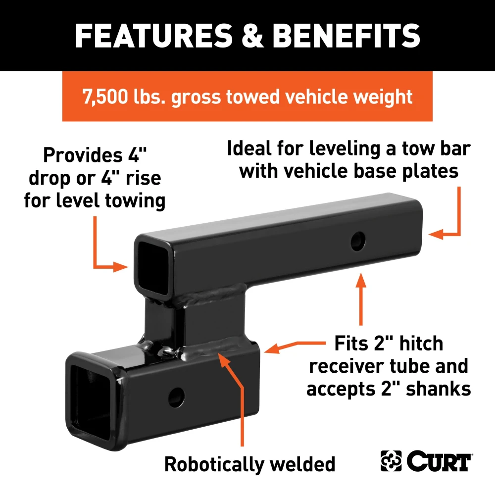 CURT hitch adapter for towing with 4-inch rise or drop, fits 2-inch receiver, black finish.