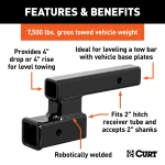 CURT hitch adapter for towing with 4-inch rise or drop, fits 2-inch receiver, black finish.