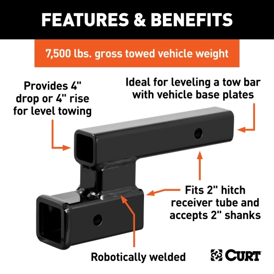 CURT hitch adapter for towing with 4-inch rise or drop, fits 2-inch receiver, black finish.
