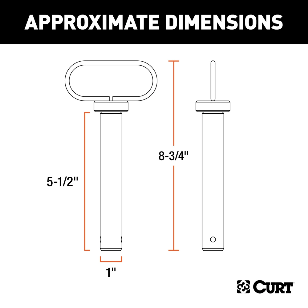 CURT clevis pin with 1 inch diameter, rubber-coated handle, and black powder finish for securing hitch accessories