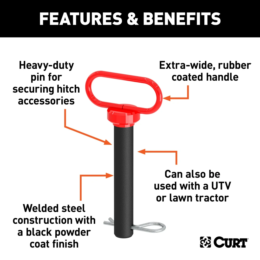 CURT clevis pin with 1 inch diameter, rubber-coated handle, and black powder finish for securing hitch accessories