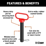 CURT clevis pin with 1 inch diameter, rubber-coated handle, and black powder finish for securing hitch accessories