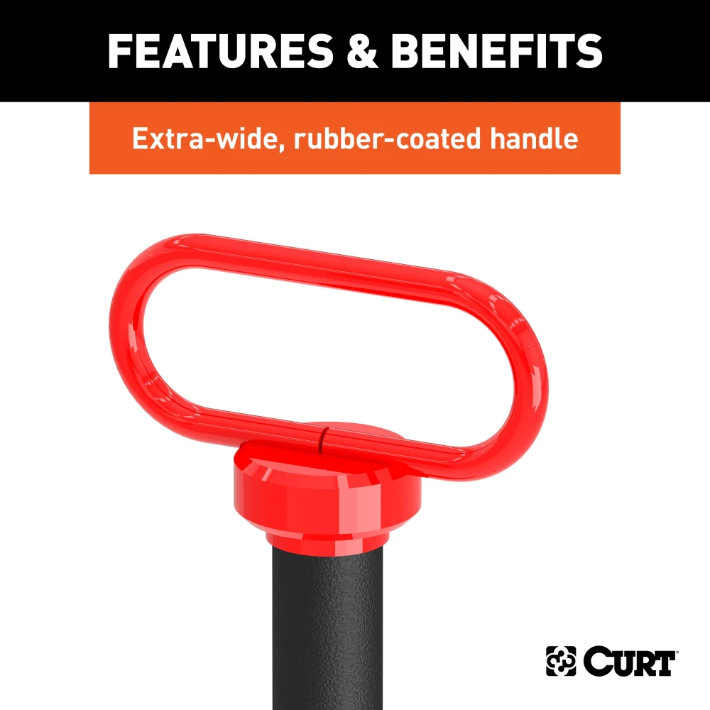 CURT clevis pin with 1 inch diameter, rubber-coated handle, and black powder finish for securing hitch accessories