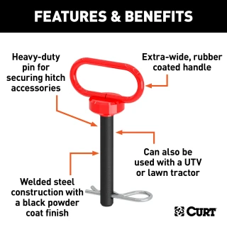 CURT 5/8-inch clevis pin with rubber-coated handle for hitch accessories.