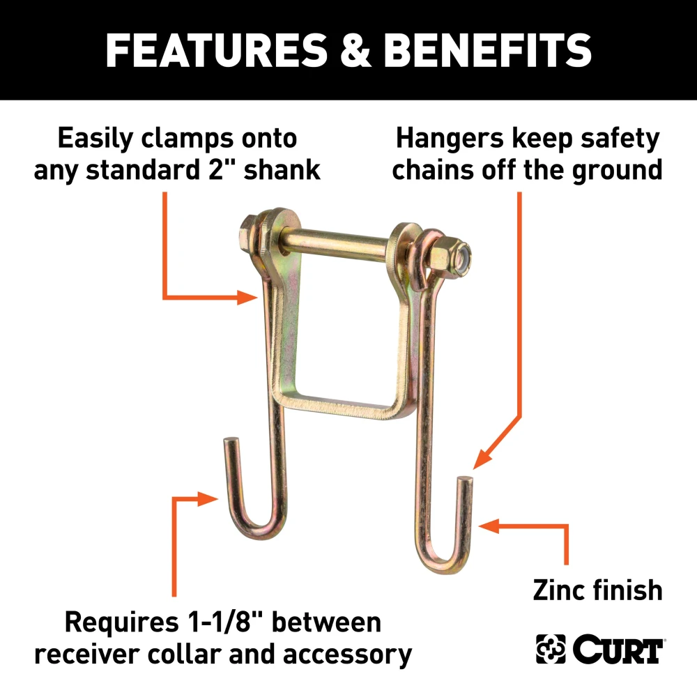 CURT safety chain hanger bracket clamped on a 2-inch hitch shank with steel hooks