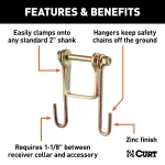 CURT safety chain hanger bracket clamped on a 2-inch hitch shank with steel hooks