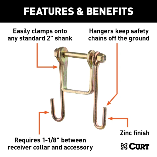 CURT safety chain hanger bracket clamped on a 2-inch hitch shank with steel hooks