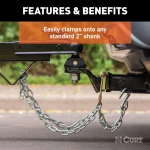 CURT safety chain hanger bracket clamped on a 2-inch hitch shank with steel hooks