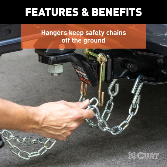CURT safety chain hanger bracket clamped on a 2-inch hitch shank with steel hooks