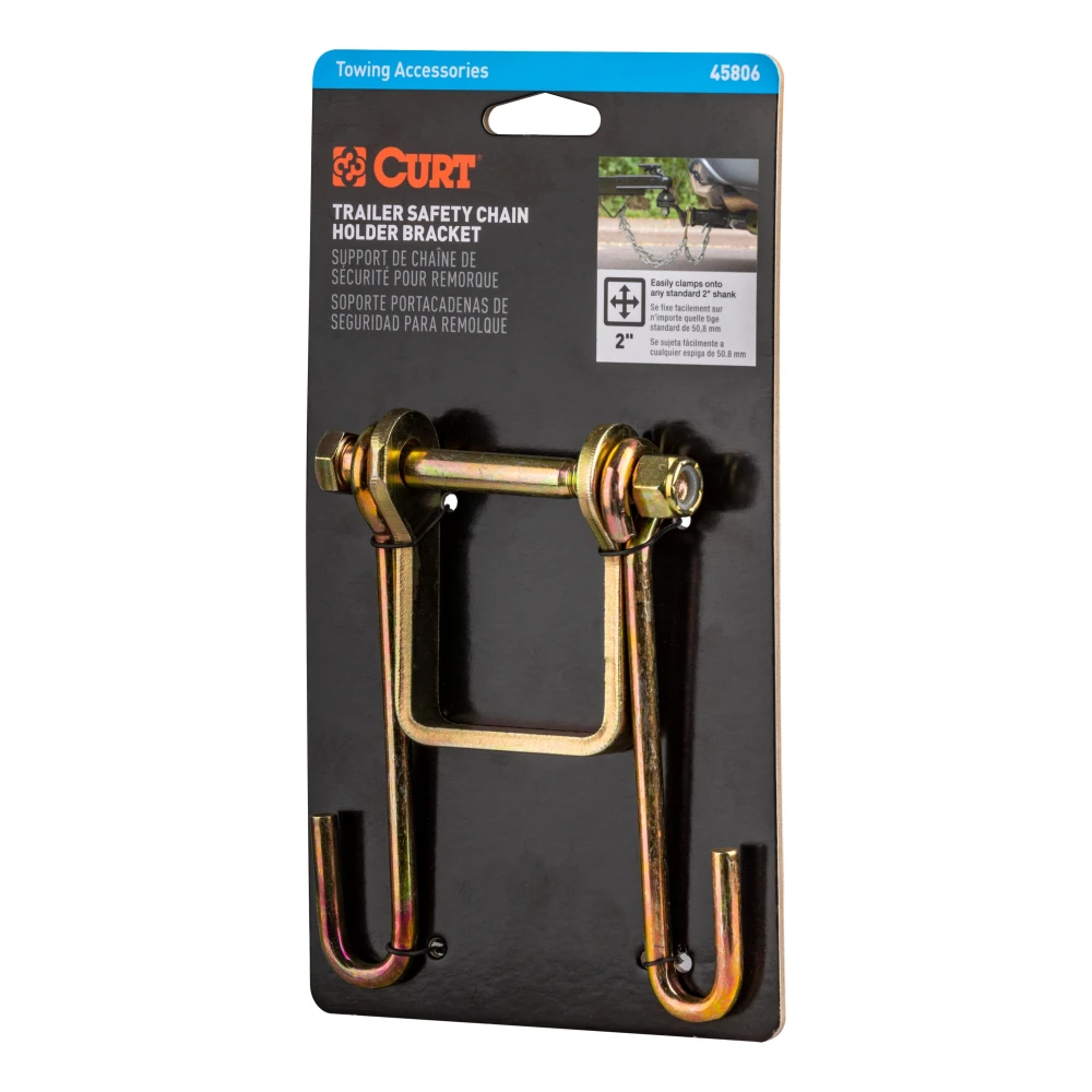 CURT safety chain hanger bracket clamped on a 2-inch hitch shank with steel hooks