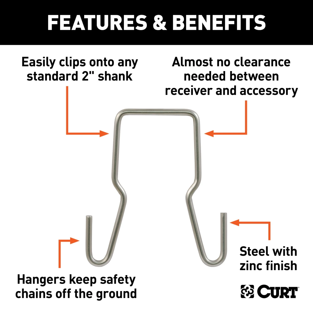 CURT safety chain hanger bracket clipped onto a 2-inch hitch shank, keeping trailer chains off the ground with durable steel construction.