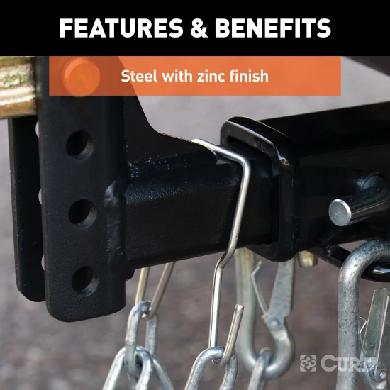 CURT safety chain hanger bracket clipped onto a 2-inch hitch shank, keeping trailer chains off the ground with durable steel construction.