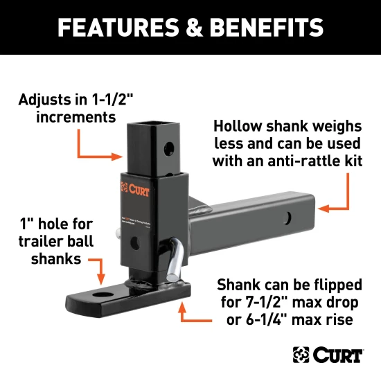 CURT adjustable ball mount with flexible height settings for trailers