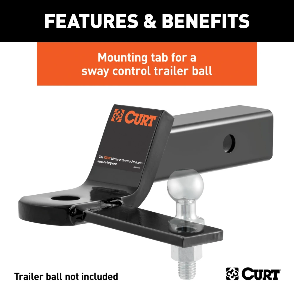 CURT ball mount with sway control tab for 2 inch hitch receivers, featuring gloss black powder coating.