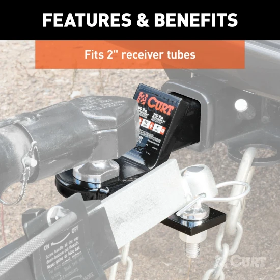 CURT ball mount with sway control tab for 2 inch hitch receivers, featuring gloss black powder coating.