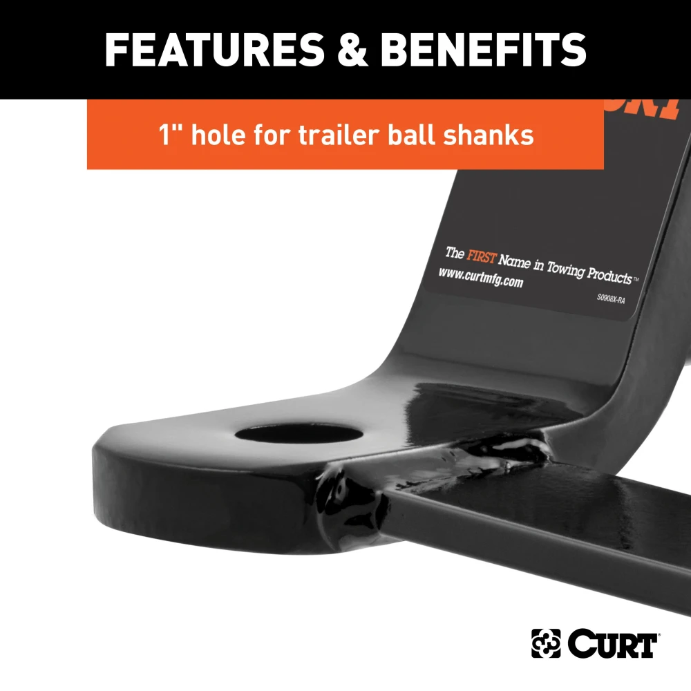 CURT ball mount with sway control tab for 2 inch hitch receivers, featuring gloss black powder coating.