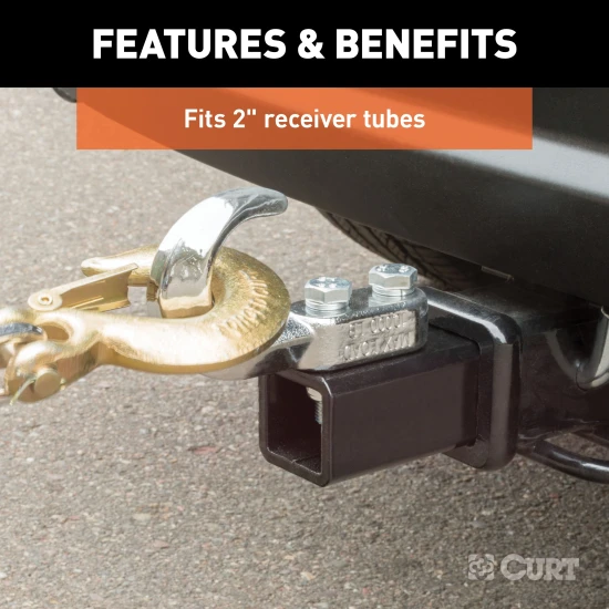CURT Specialty Ball Mount - Durable Tow Hook for 2 Inch Hitch CURT specialty ball mount with chrome tow hook, fits 2 inch hitch, rated for 10,000 lbs GTW