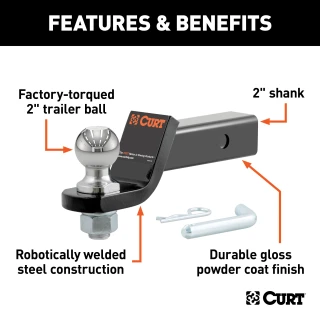 CURT loaded ball mount with factory-torqued 2 inch trailer ball, black finish