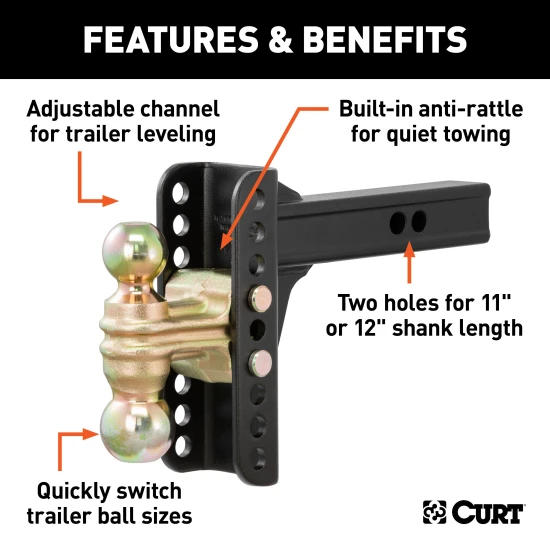CURT adjustable channel-style dual ball mount with two ball sizes for versatile trailer towing.