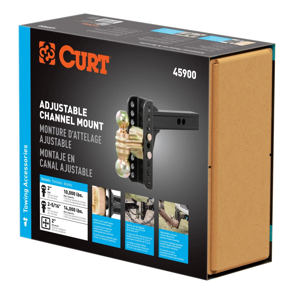 CURT adjustable channel-style dual ball mount with two ball sizes for versatile trailer towing.
