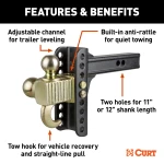 CURT adjustable ball mount with dual ball sizes and hook step for versatile towing