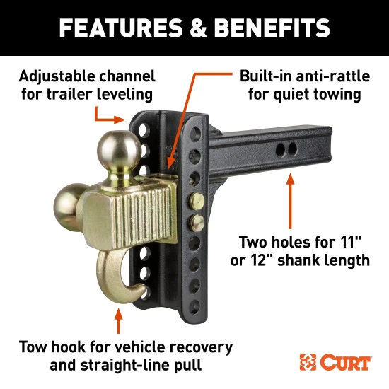 CURT adjustable ball mount with dual ball sizes and hook step for versatile towing