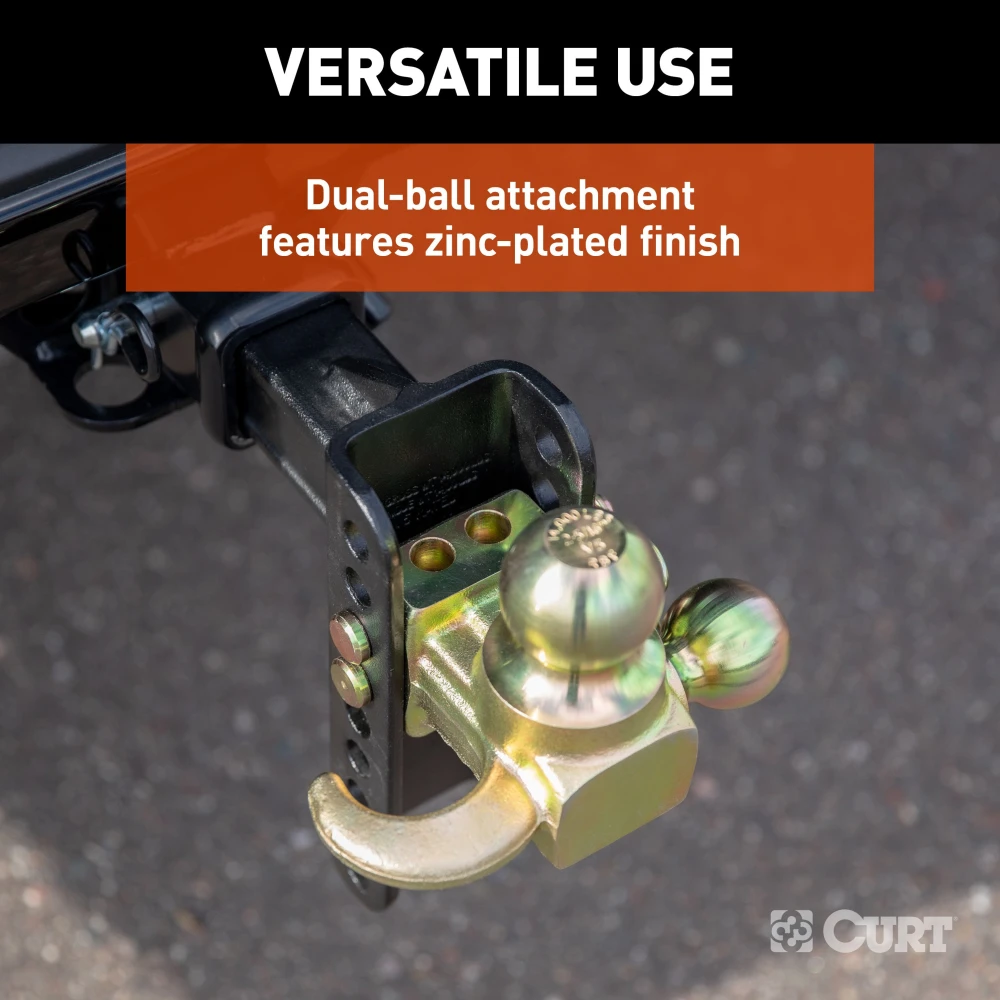 CURT adjustable ball mount with dual ball sizes and hook step for versatile towing