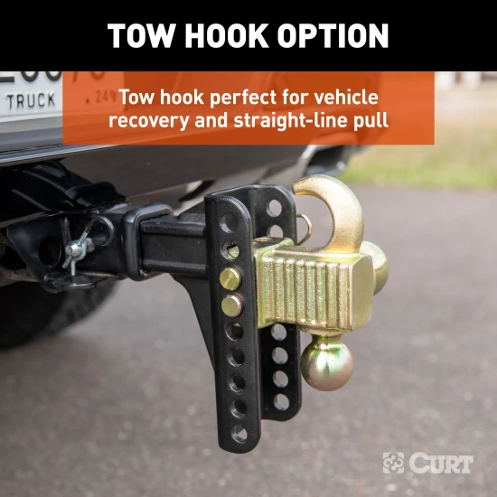 CURT adjustable ball mount with dual ball sizes and hook step for versatile towing