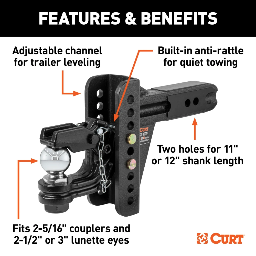 CURT adjustable ball mount with dual-pin system and 2-5/16 inch ball