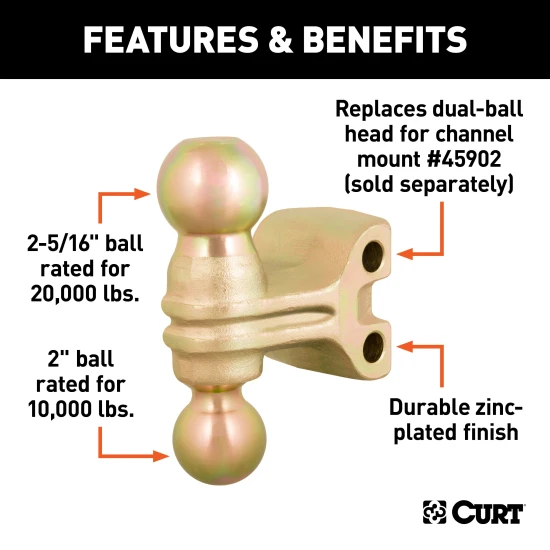 Replacement dual hitch ball for CURT mounts with 2 and 2-5/16 inch coupler compatibility