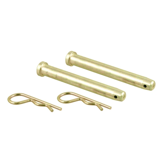 Adjustable channel mount pin set with rust-resistant yellow zinc finish, including two pins and clips for secure trailer attachment