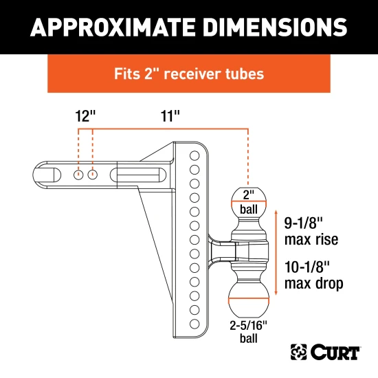 CURT adjustable ball mount featuring dual ball sizes and anti-rattle design for versatile towing with rust-resistant finish.