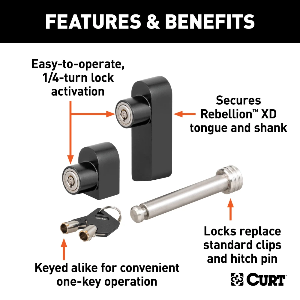 Rebellion XD lock set securing hitch with stainless steel and aluminum locks.