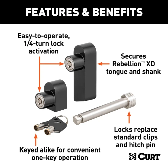 Rebellion XD lock set securing hitch with stainless steel and aluminum locks.