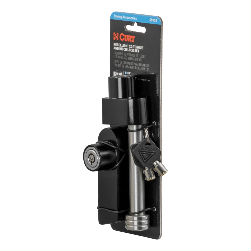 Rebellion XD lock set securing hitch with stainless steel and aluminum locks.