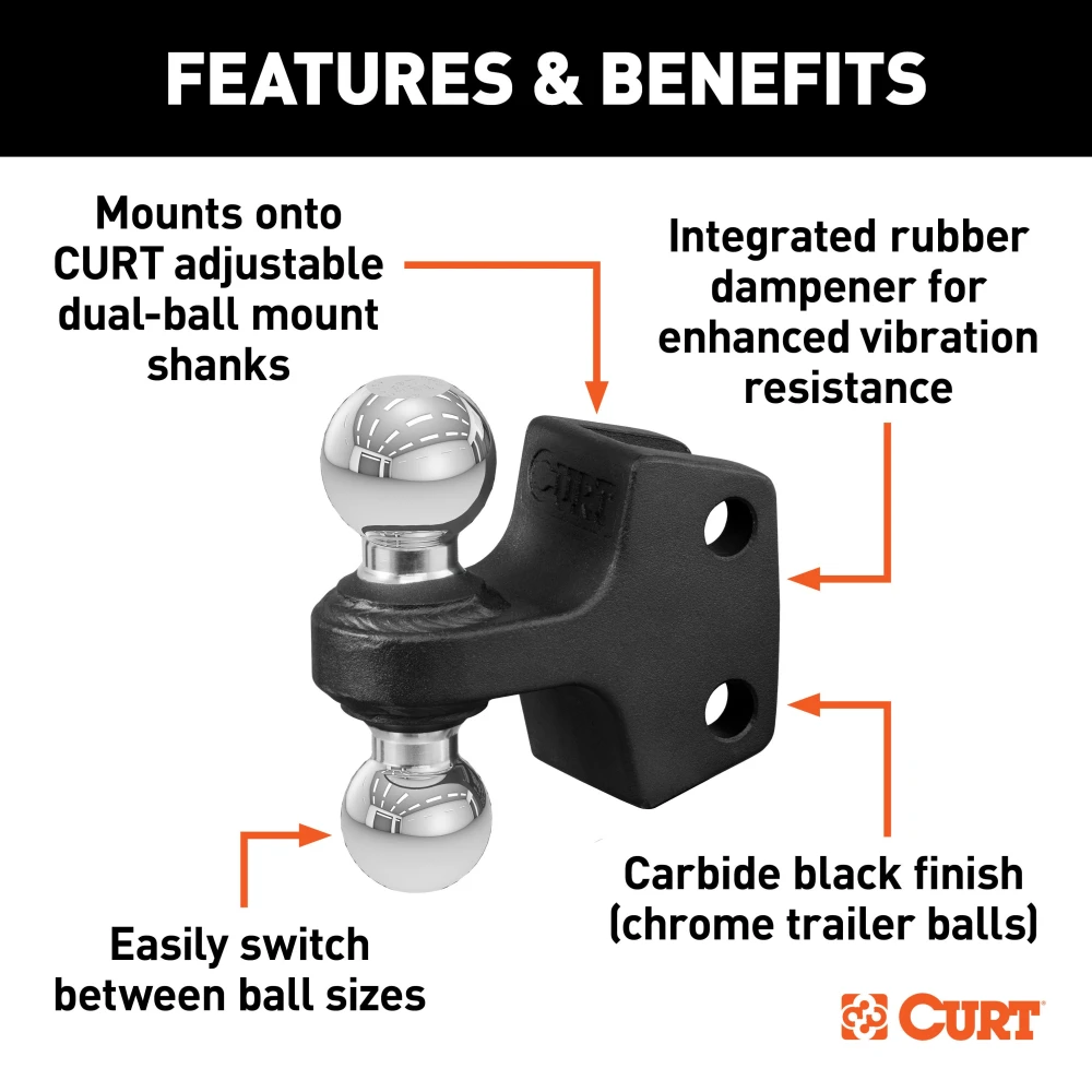 CURT dual ball attachment with 2" and 2-5/16" balls, suitable for up to 15,000 lbs towing