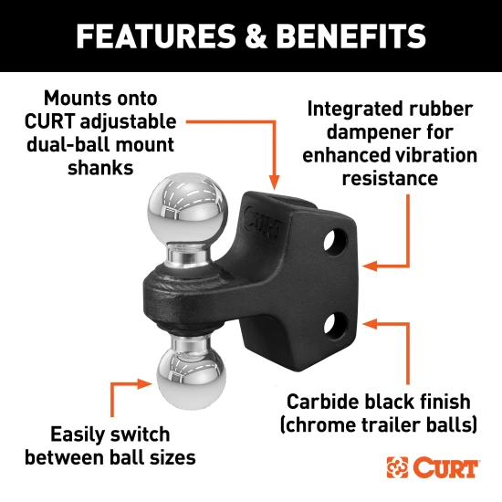 CURT dual ball attachment with 2" and 2-5/16" balls, suitable for up to 15,000 lbs towing