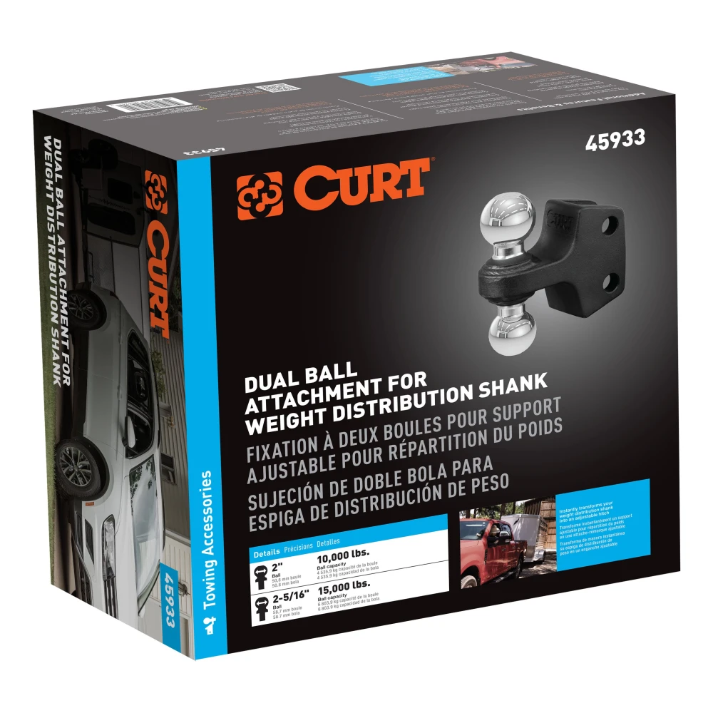 CURT dual ball attachment with 2" and 2-5/16" balls, suitable for up to 15,000 lbs towing