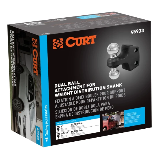 CURT dual ball attachment with 2" and 2-5/16" balls, suitable for up to 15,000 lbs towing