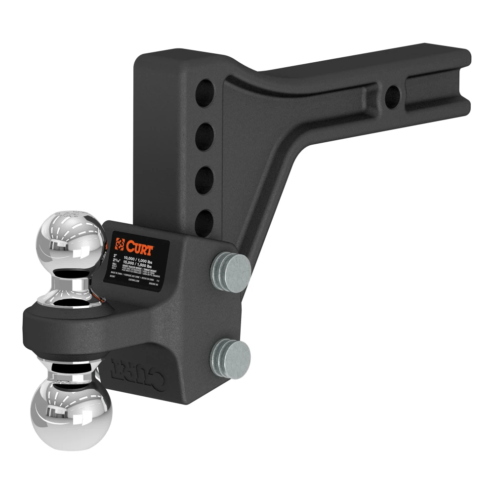 CURT adjustable trailer hitch ball mount featuring dual ball design for dependable towing and level adjustment.