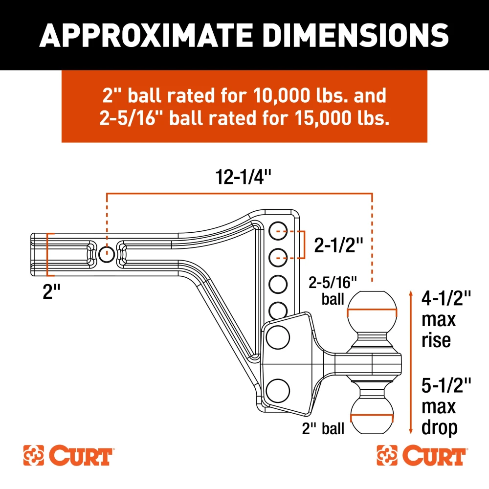 CURT adjustable trailer hitch ball mount featuring dual ball design for dependable towing and level adjustment.