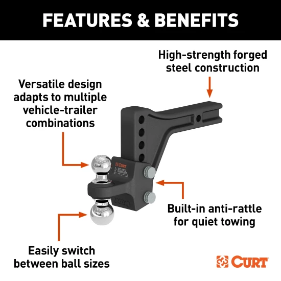 CURT adjustable trailer hitch ball mount featuring dual ball design for dependable towing and level adjustment.
