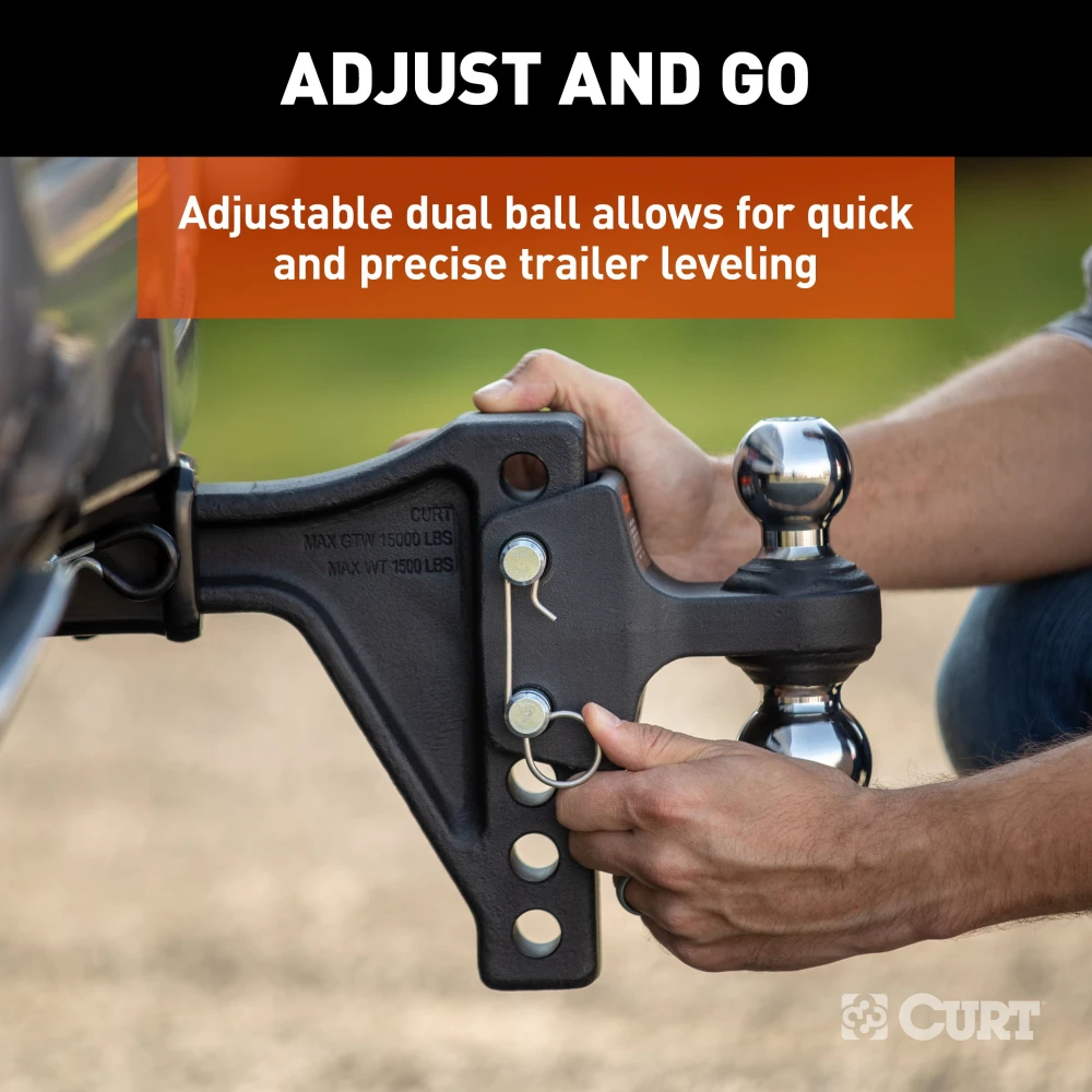 CURT adjustable trailer hitch ball mount featuring dual ball design for dependable towing and level adjustment.